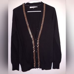 Trina Turk Los Angeles women's sweater black V-neck size M silver chain detail